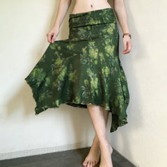 Cyflymder Bohemian Holiday Style Floral Printed Fold Waist Skirts Summer Asymmetric Hem Knitted Half Outfits Women's Vintage Forest Style