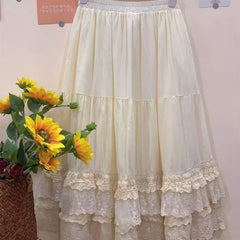 Cyflymder Big Swing Lace Patchwork Elegant Summer Skirts Women Elastic Waist Retro Embroidery Ruffle Edge A-line Midi Skirt 285B
