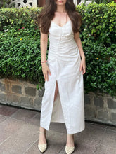 Cyflymder Elegant Women White Cami Dress Slit Ruched Midi Dress New Fashion Summer Casual Chic Holiday Date Sheath Dress