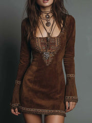 Cyflymder Elegant Suede Lace Trim Mini Dress Flare Sleeve Velvet Square Collar Sexy Vintage Casual Chic Floral Printed Retro Fashion Dress
