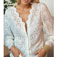 Cyflymder Elegant White Floral Lace Blouses Shirts For Women Boho Long Sleeve Sexy V Neck Vintage Ladies Tops Casual Blouse Shirt Blusas