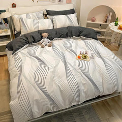 Cyflymder Simple Nordic Pure Cotton Striped Bedding Set Naked Sleeping Comfortable Duvet Cover Set Fitted Sheet Kit for Single and Double