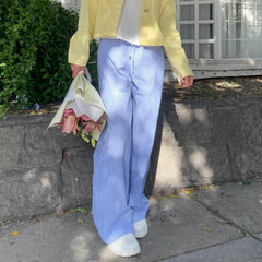 Cyflymder Women Striped Pajama Pants Elastic Waist Straight Wide Leg Trousers Casual Loose Fit Going Out Bottoms with Pockets