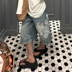 Cyflymder Summer Women's Lace Printed Blue Denim Shorts Young Girl Casual High Waist Bottom Female Loose Capris Calf-length Pants
