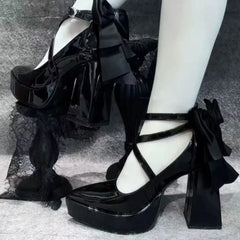 Cyflymder Black Cross Striped Mary Jane Shoes Women,British Style Round Toe High Heels, Thick Soled Coarse Single Shoes