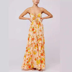 Cyflymder Boho Beach Strap Dress For Women Sexy Lace-Up Hollow Out Backless Sleeveless Robe Floral Printed Maxi Dresses Summer Vestidos