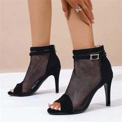 Cyflymder Summer hollow black cool boots slim heels mesh boots fish mouth exposed toe high heels mesh women's shoes dance short boots