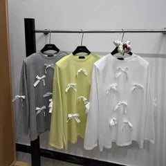Cyflymder Summer Fashion O Neck Long Sleeve Loose T Shirts Sweet Bow Appliques Lazy High Street Clothes Y2k Have Shoulder Pads Thin Tops
