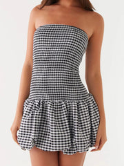 Cyflymder Women s Plaid Off Shoulder Mini Dress with Puffball Sleeves and Tube Top Design for a Stylish Look