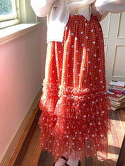 Cyflymder French Vintage Floral Ruffle Midi Skirt Women Sweet High Waist Layered A Line Skirts New Design Fashion Harajuku Fairy Clothing