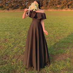 Cyflymder New A-line Wedding Dresses Sweet Ruffles Off The Shoulder Satin Black Evening Dress Elegant Floor-length Bridal Dress Customized