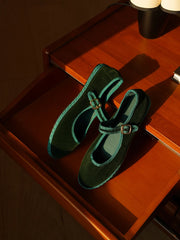 Cyflymder Velvet Mary Jane Shoes for Women Hand Stitch Casual Streetwear Ballet Flats Pumps Female Solid Color Red Cloth Shoes Loafers