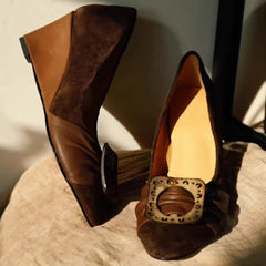 Cyflymder French Retro Wooden Square Buckle Pumps Women Shallow Mouth Premium Round Toe Wedge Heel Vintage Dress Footwear