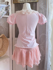 Cyflymder Sweet T-Shirts Women Summer Pink Tshirt Lace Trim Collar Puff Sleeve Bow Decoration Cute Tops Tee Kawaii Clothes