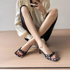 Cyflymder Summer Bowknot Square Head Open Toe High Heel Women's Slippers Leather Prom Shoes Series Fine Heel Ladies Slippers 3467