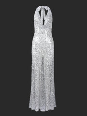 Cyflymder New Sexy Backless Halter Maxi Dress for Women Fashion See Through Sleeveless Sequin Bodycon Long Evening Party Night Dress
