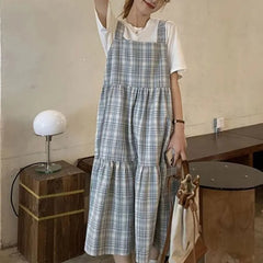 Cyflymder Preppy Style Plaid Matching Sets Women's Clothing Two Piece Set Summer Short Sleeve Loose A-Line Vintage Spliced Long Dress Sets
