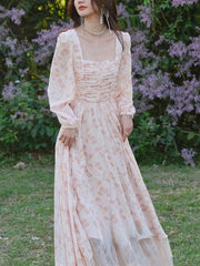 Cyflymder France Vintage Floral Dress Women Spring Print Party Midi Dresses Female Holiday Long Sleeve Korean Fashion Chiffon Dress