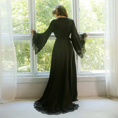 Cyflymder Women's High-end Elegant French Romantic Nightgown with Satin Lace Decoration Long Trailing Bell Sleeves Home Robe