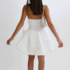 Cyflymder Women's Strapless Puffy Mini Dress Summer Backless Bubble A Line Dress Casual Party Cocktail Short Dress with Pocket