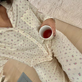 Cyflymder Women Pajamas Cute 2 Piece Set Y2K Vintage Print Button Up Long Sleeve Blouse T-shirt Tops+Pants Home Loungewear Sleepwear