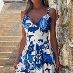 Cyflymder Spring Women's Casual Faion Print V-ne Strap Splice Split Commute Sle High Waist Long Dr Tee-acetate Fiber 100%