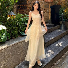 Cyflymder French Elegant Camis Dress for Women Fashion Lace Patchwork Irregular Midi Dress Summer New Beach Vacation Embroidered Vestidos