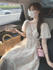 Cyflymder Dresses Women Square Collar French Style Floral Printed Puff Short Sleeve Vintage Elegant Temperament Dress Ladies Casual