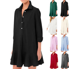 Cyflymder Fashion Casual Commute Half Open Shirt Hem Ruffle Classic Solid Color 3/4 Sleeve Turn-down Collar Knee Length Dress For Ladies