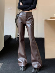 Cyflymder Streetwear Moto Pu Flare Pants Women High Waist Slim Vintage Trousers Harajuku Casual American Retro Female Autumn Pants