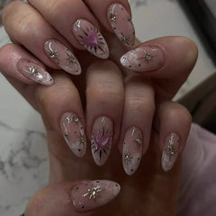 Cyflymder 24pcs White Sumdging French Style Fake Nails Y2k Gold Star Exquisite Pink Love Heart Press On Nails Glossy Almond False Nail
