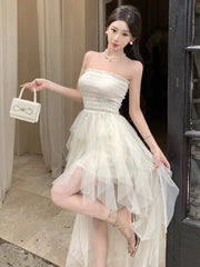 Cyflymder Women Dresses Sexy Irregular Mesh Patchwork Strapless Slim Ruffles Patchwork Backless Sweet Elegant Dress Party Female