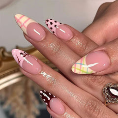 Cyflymder 24Pcs Almond Y2K Dopamine Press on Nails Gradient French Star False Nails Polka Dot Design Detachable Full Cover Fake Nails Tips