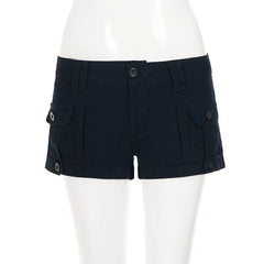 Cyflymder Women’s Low Rise Navy Cargo Denim Shorts Y2K Streetwear Slim Fit Fold Hem Button Pocket Hot Shorts Casual Clubwear Summer Shorts