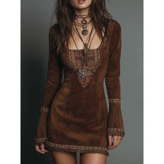 Cyflymder Elegant Suede Lace Trim Mini Dress Flare Sleeve Velvet Square Collar Sexy Vintage Casual Chic Floral Printed Retro Fashion Dress