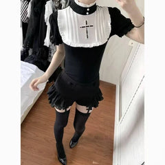 Cyflymder Gothic Vintage Two Piece Suit Women Japanese Lolita Slim Tops High Waist Black Shorts Y2K Girls Party Set chic