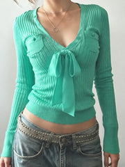 Cyflymder Y2k Sexy Slim V Neck Long Sleeve Lace-up Pockets Autumn Casual Knitted Top Female