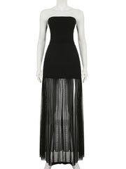 Cyflymder Holiday Slim Patchwork Mesh Tube Dress Party Sexy Solid Slash Neck Sleeveless Split Maxi Dresses For Women Summer