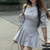 Cyflymder Striped 2 Piezas Off Shoulder Long Sleeve Irregular Plrated Tunic Top High Waist Mini Skirt Fashion Elegant Women's Sets