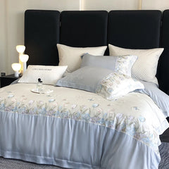 Cyflymder 4Pcs Blue Pink Luxury Butterfly Flowers Embroidery Bedding Set Egyptian Cotton Duvet Cover Bed Sheet/Fitted Sheet Pillowcases