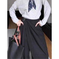 Cyflymder Fall Fashion Asymmetrical Lace Up Pants Women High Waist Divided Skirt Versatile Office Lady Trousers Black Wide Leg Pants 695A