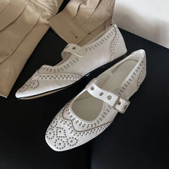 Cyflymder Retro Rivet Buckle Design Flats Women Round Toe Shallow Elegant Mary Jane Shoes for Ladies Fashion Brand Designer Casual Shoes