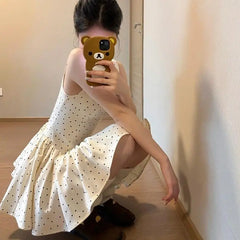 Cyflymder French Square Neck Polka Dot Sleeveless Dress Women Summer 2025 New Style High-end Temperament Waist Cinching A-line