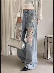 Cyflymder Summer Women's Large Hole Patchwork Lace Jeans High Waist Wide Legs Trousers Cool Girl Casual Bottoms Female Denim Pants