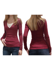 Cyflymder Women s Stylish V Neck Lace Patchwork Fit Long Sleeve Pullover Top for Fall Fashion Statement