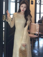 Cyflymder French Elegant Solid Lace Midi Dress Suit for Women Flare Sleeve A-Line Long Dresses Autumn Fashion Vestidos Female Clothing New