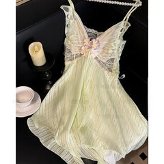 Cyflymder Green Butterfly Sling Top&shorts 2Pcs Pajamas Set Lady Fairy Princess Style Home Clothes Lace Trim Lingerie Summer Loungewear