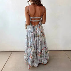 Cyflymder Elegant Sleeveless Hollow Out Pleat Dress Summer New High Waist Backless Evening Dress Sexy Low Cut Halter Floral Printed Dress