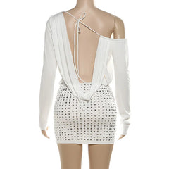 Cyflymder Women Sexy Lace Up Backless Rivets Diamonds Bodycon Mini Dress Slash Neck Off Shoulder Long Sleeve Slim Party Clubwear Vestidos