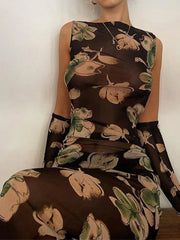 Cyflymder Vintage Mesh Maxi Dress Female Streetwear Floral Printing Open Back Off-shoulder Bodycon See Through Sexy Dress With Gloves